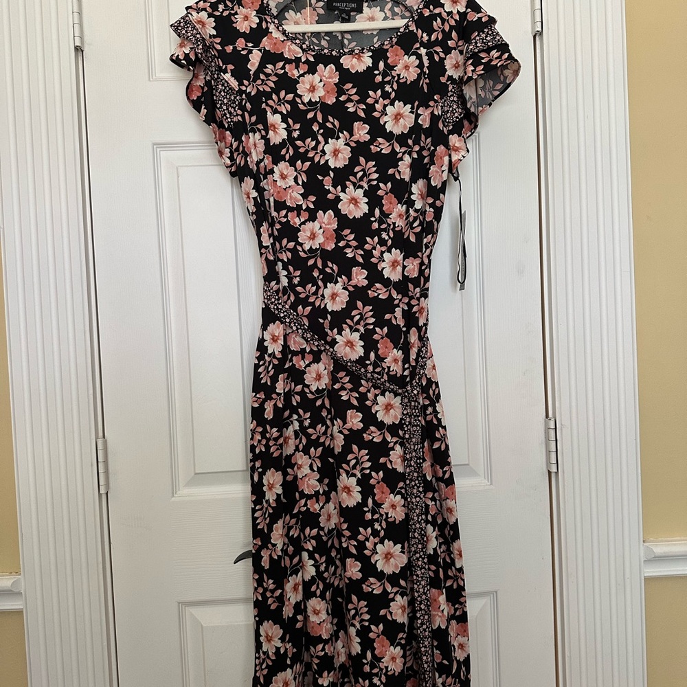 Floral Pink Black Midi Dress Spring Summer